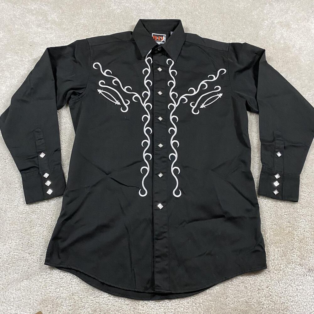 B&D Panhandle Slim Shirt Mens M Black Embroidered Western Studded Brooks Dunn